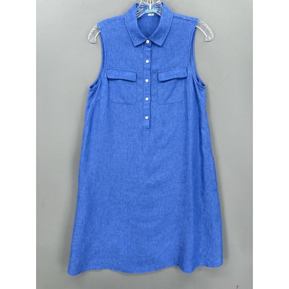 J McLaughlin Dress Small Blue Linen Sleeveless Shirt Collared Pockets Resort - Picture 1 of 10